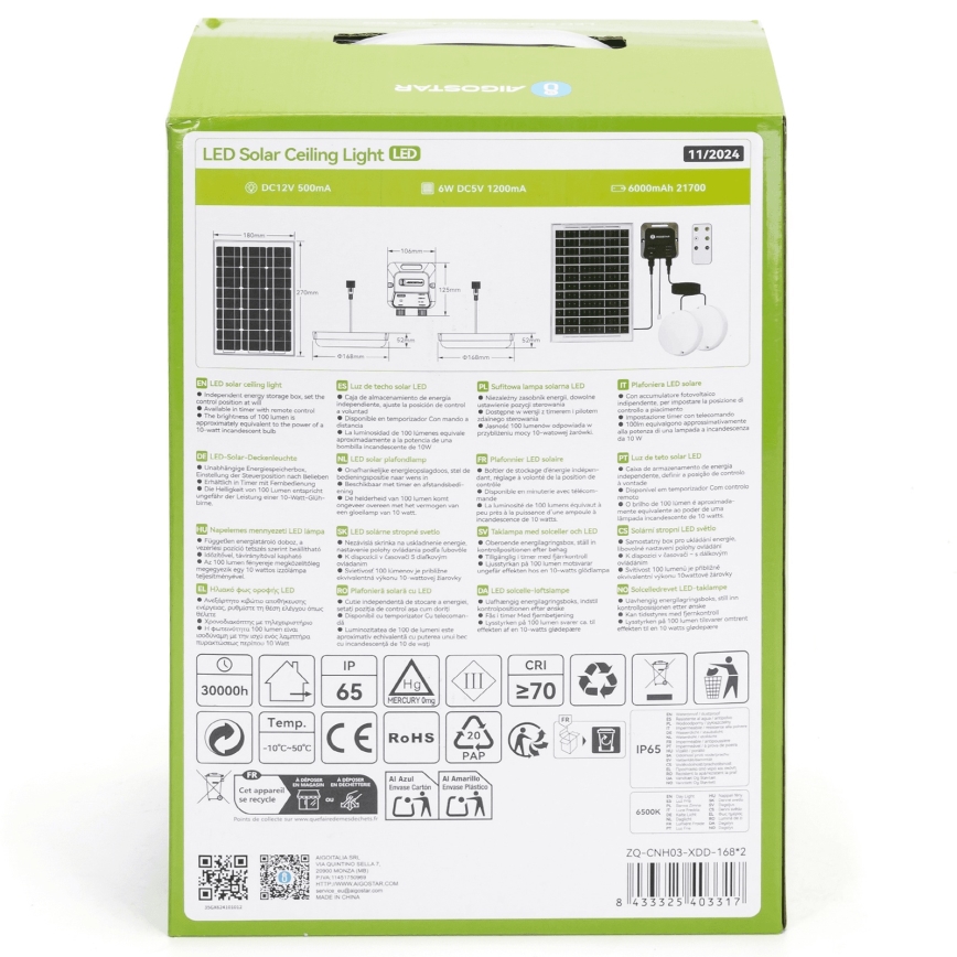 Aigostar - Éclairage solaire 2xLED/35W/12V 6000 mAh 6500K d. 16,8 cm + Télécommande
