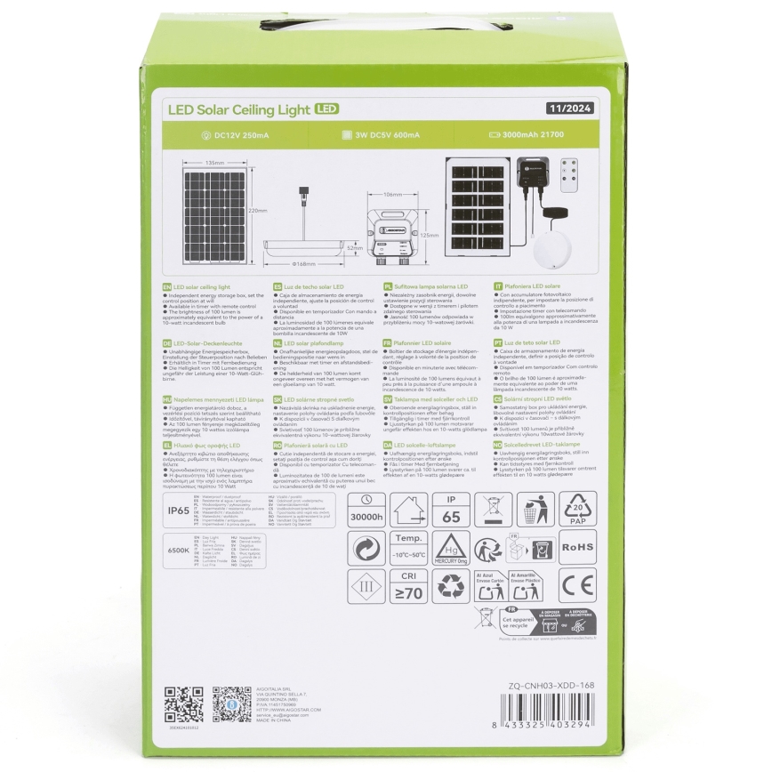 Aigostar - Éclairage solaire LED/35W/12V 3000 mAh 6500K d. 16,8 cm + Télécommande