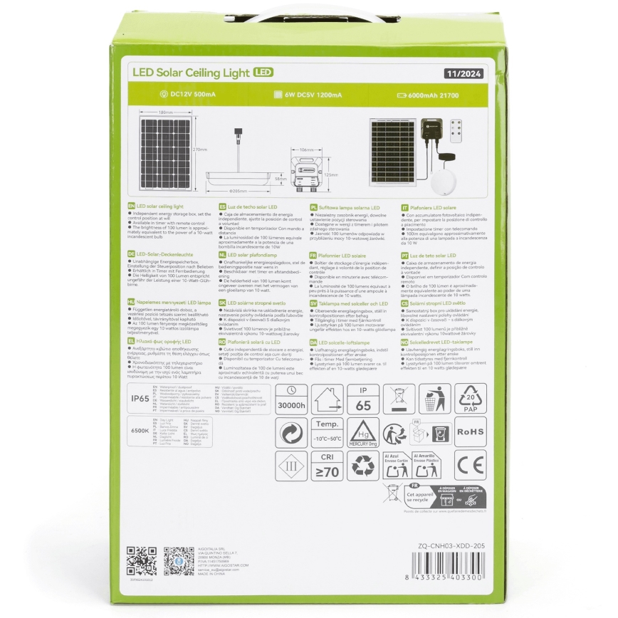 Aigostar - Éclairage solaire LED/70W/12V 6000 mAh 6500K d. 20,5 cm + Télécommande