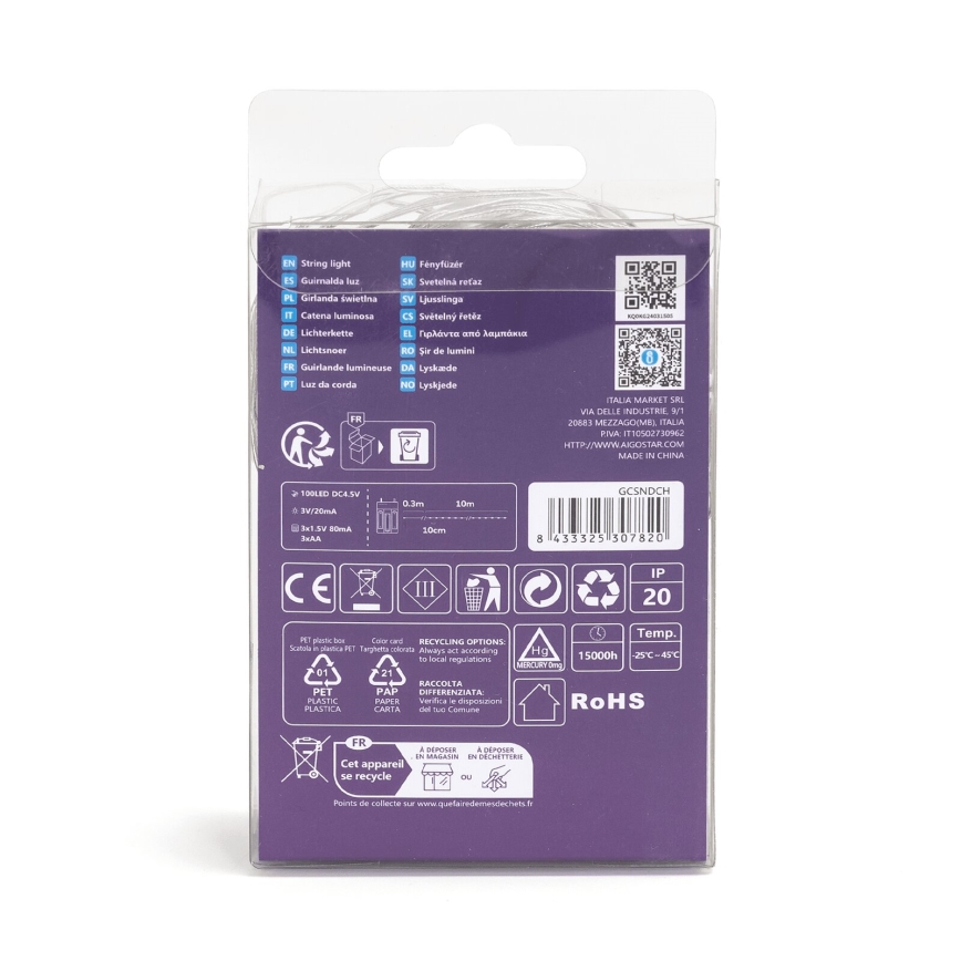 Aigostar - guirlande 100 LED / 3xAA, 10,3 m, blanc chaud