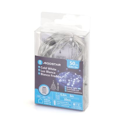 Aigostar - Guirlande de Noël 50xLED/3xAA 5,3m blanc froid