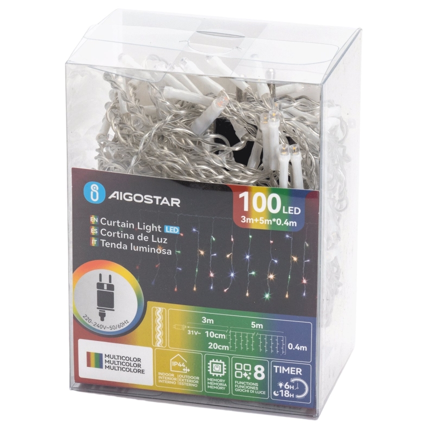 Aigostar - Guirlande de Noël extérieure 100 LED / 8 fonctions 8×0,4 m IP44 multicolore