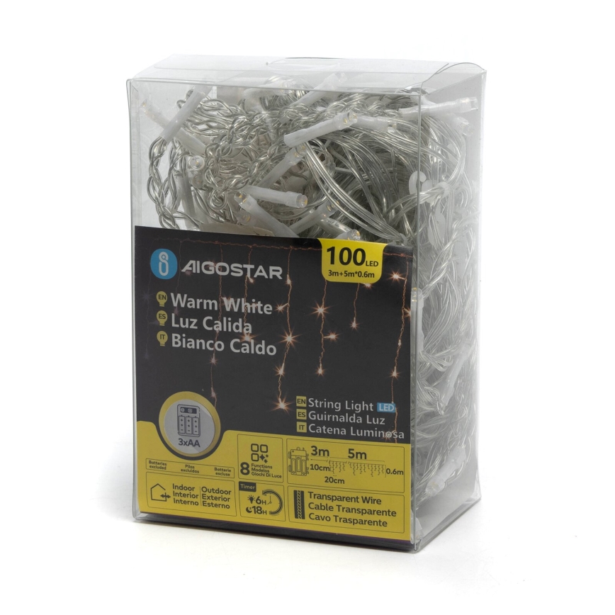 Aigostar- Guirlande de Noël extérieure 100xLED/8 fonctions 3xAA 8x0,6m IP44 blanc chaud