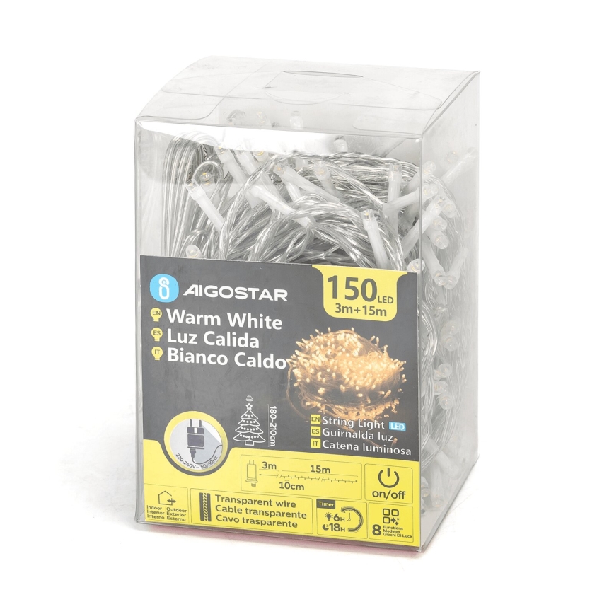 Aigostar - Guirlande de Noël extérieure 150xLED/8 fonctions 18m IP44 blanc chaud