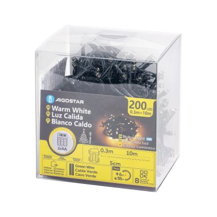 Aigostar - Guirlande de Noël extérieure 200xLED/8 fonctions 3xAA 10,3m IP44 blanc chaud