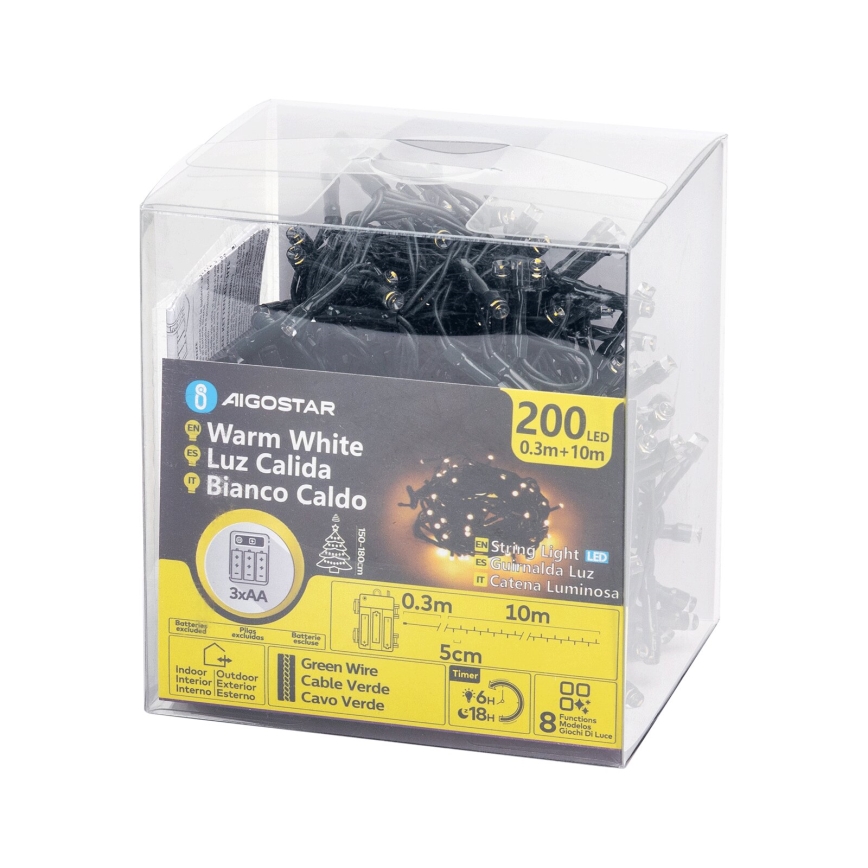 Aigostar - Guirlande de Noël extérieure 200xLED/8 fonctions 3xAA 10,3m IP44 blanc chaud