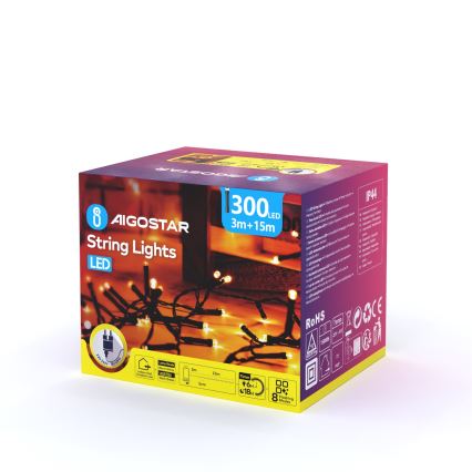 Aigostar - Guirlande de Noël extérieure 300xLED/8 fonctions 18m IP44 blanc chaud