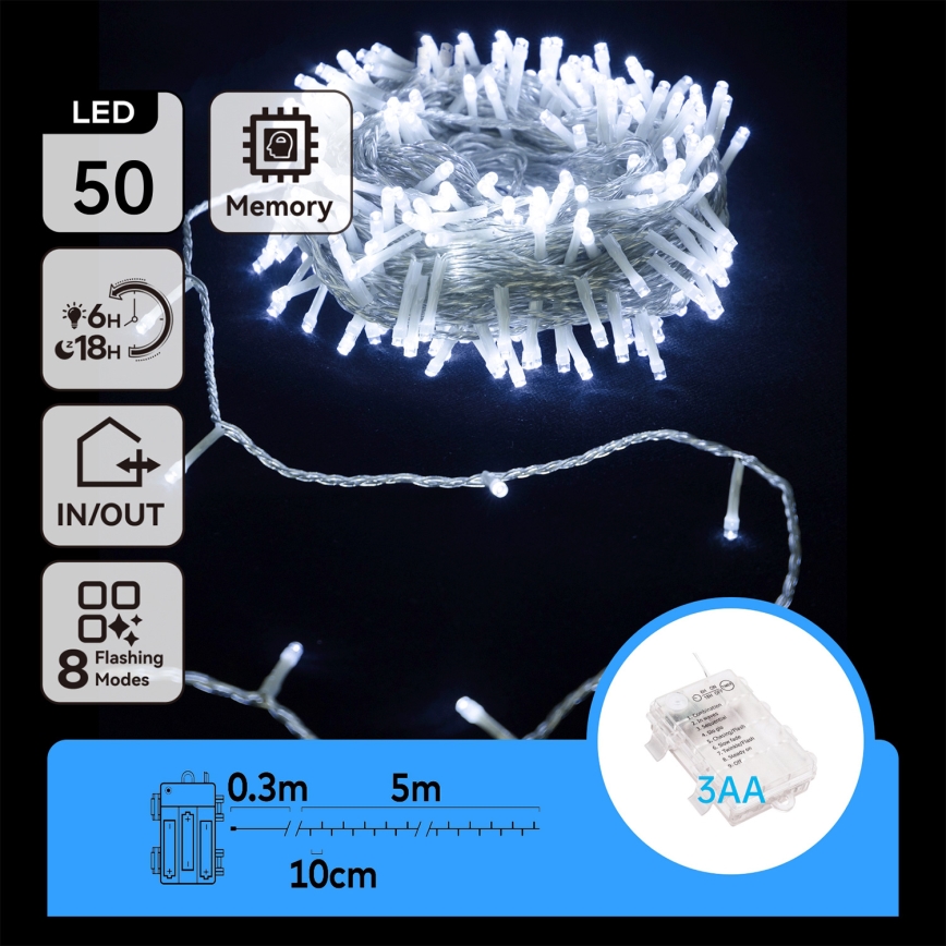 Aigostar -Guirlande de Noël extérieure 50xLED/8 fonctions 3xAA 5,3m IP44 blanc froid