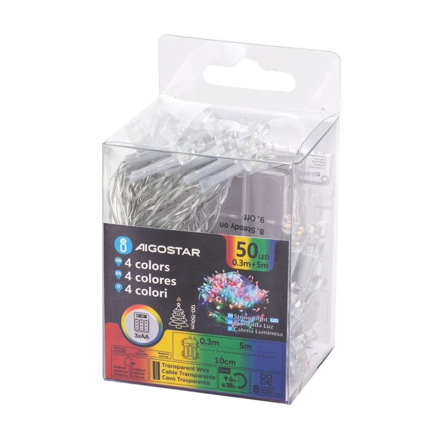 Aigostar - Guirlande de Noël extérieure 50xLED/8 fonctions 3xAA 5,3m IP44 multicolore