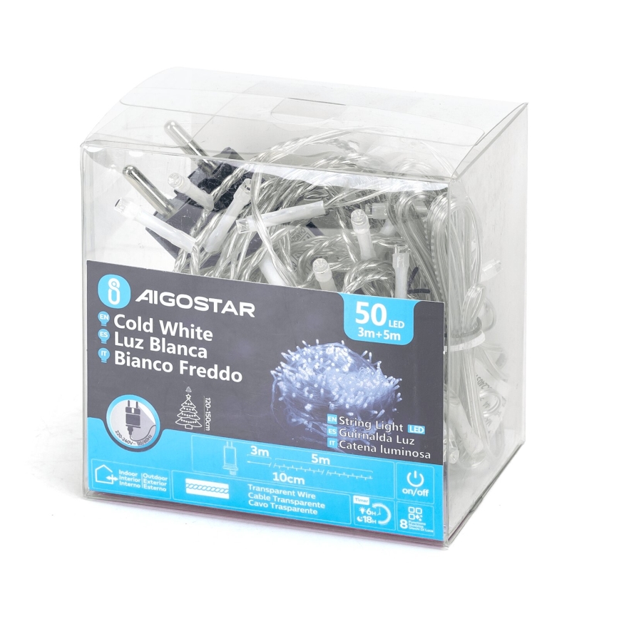 Aigostar - Guirlande de Noël extérieure 50xLED/8 fonctions 8m IP44 blanc froid