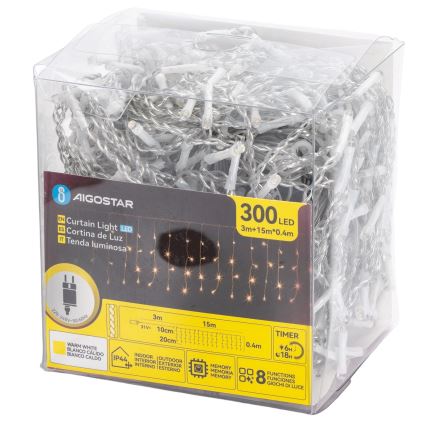 Aigostar - Guirlande de Noël LED d'extérieur 300xLED/8 fonctions 15x0,4 m IP44 blanc chaud