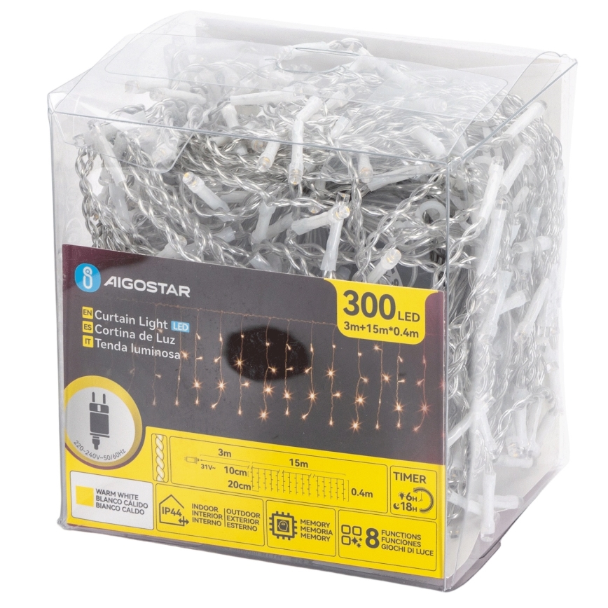 Aigostar - Guirlande de Noël LED d'extérieur 300xLED/8 fonctions 15x0,4 m IP44 blanc chaud