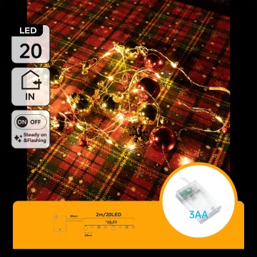 Aigostar - Guirlande de Noël LED 20xLED/3xAA 2m blanc chaud