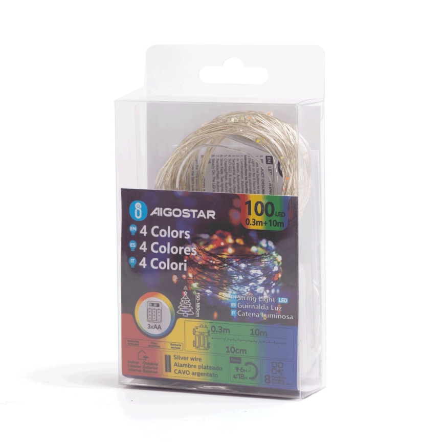 Aigostar - Guirlande de Noël LED d'extérieur 100xLED/8 fonctions/3xAA10,3m IP44 multicolore