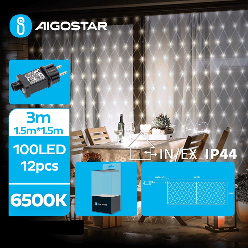 Aigostar- Guirlande de Noël LED d'extérieur 100xLED/8 fonctions 4,5x1,5m IP44 blanc froid