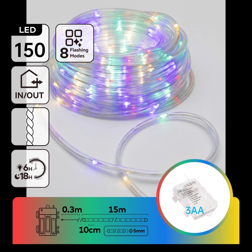 Aigostar - Guirlande de Noël LED d'extérieur 150xLED/8 fonctions 3xAA 15,3m IP44 multicolore