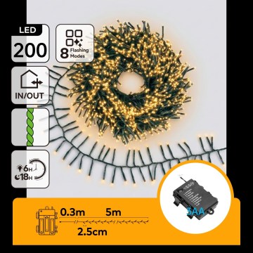 Aigostar - Guirlande de Noël LED d'extérieur 200 LED/8 fonctions 3xAA 5,3 m IP44 blanc chaud