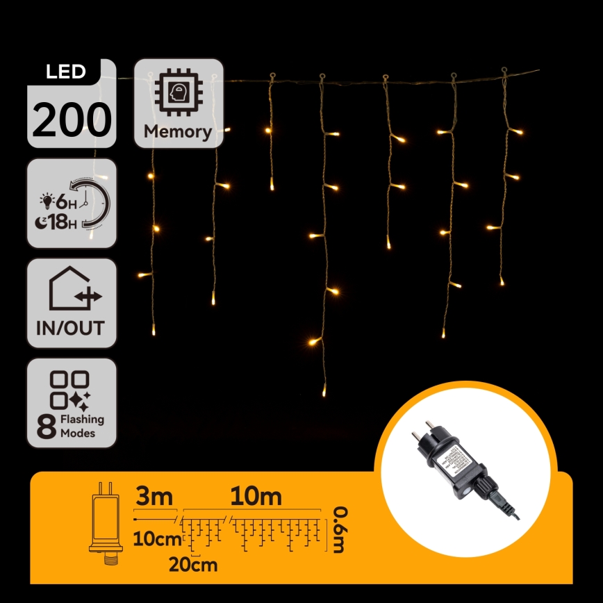 Aigostar - Guirlande de Noël LED d'extérieur 200 LED / 8 modes 13 x 0,6 m IP44 blanc chaud