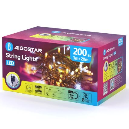 Aigostar - Guirlande lumineuse de Noël d'extérieur 200 LED/8 fonctions 23m IP44 blanc chaud/blanc froid