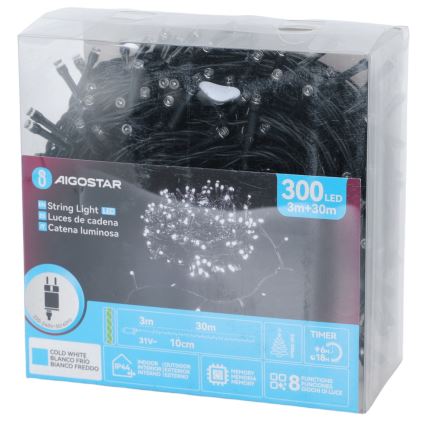 Aigostar - Guirlande de Noël LED d'extérieur 300 LED / 8 modes 30 m IP44 blanc froid