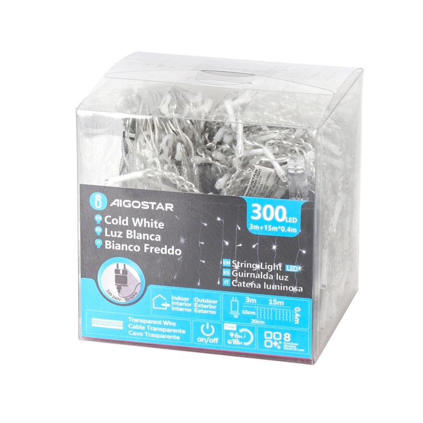 Aigostar - Guirlande de Noël extérieure LED 300xLED/8 fonctions 15x0,4 m IP44 blanc froid