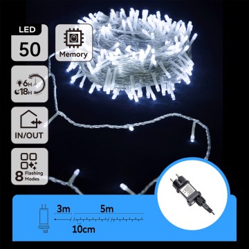 Aigostar - Guirlande de Noël LED d'extérieur 50 LED/8 fonctions 8 m IP44 blanc froid