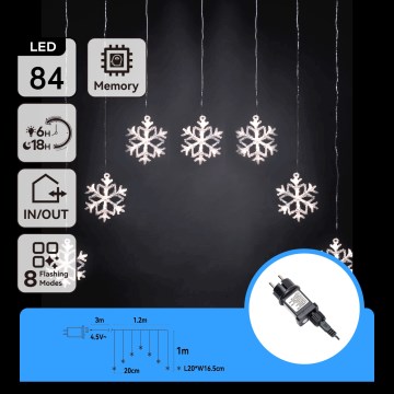 Aigostar - Guirlande de Noël LED d'extérieur 84xLED/8 fonctions 1,2x1m IP44 blanc froid flocons