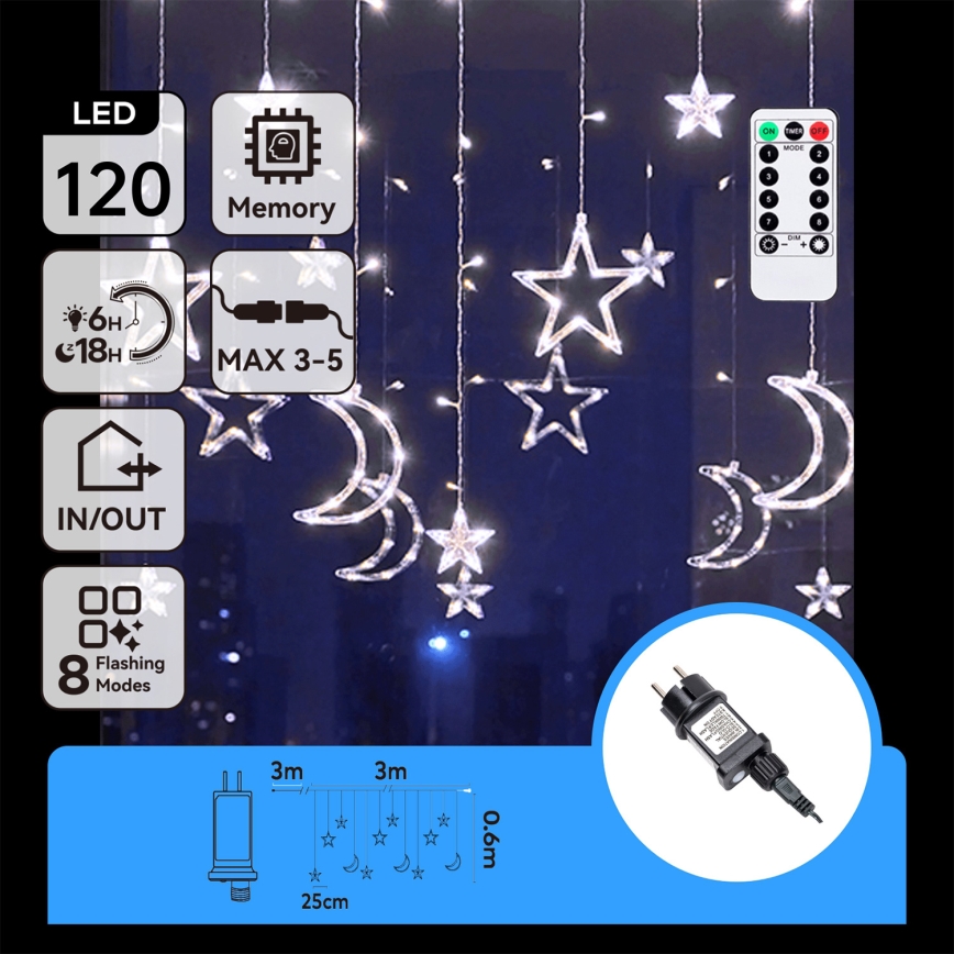 Aigostar - Guirlande de Noël LED extérieure 120xLED/6W/230V/8 fonctions 3x0,6m IP44 blanc froid + télécommande