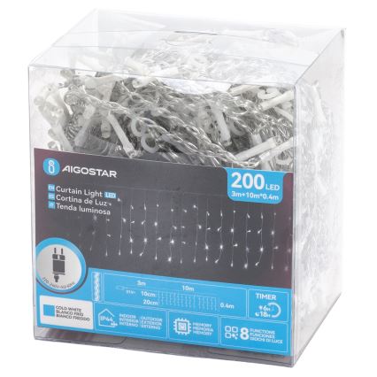 Aigostar - Guirlande LED de Noël pour l'extérieur 200xLED/3,6W/230V/8 fonctions 10x0,4m IP44 blanc froid
