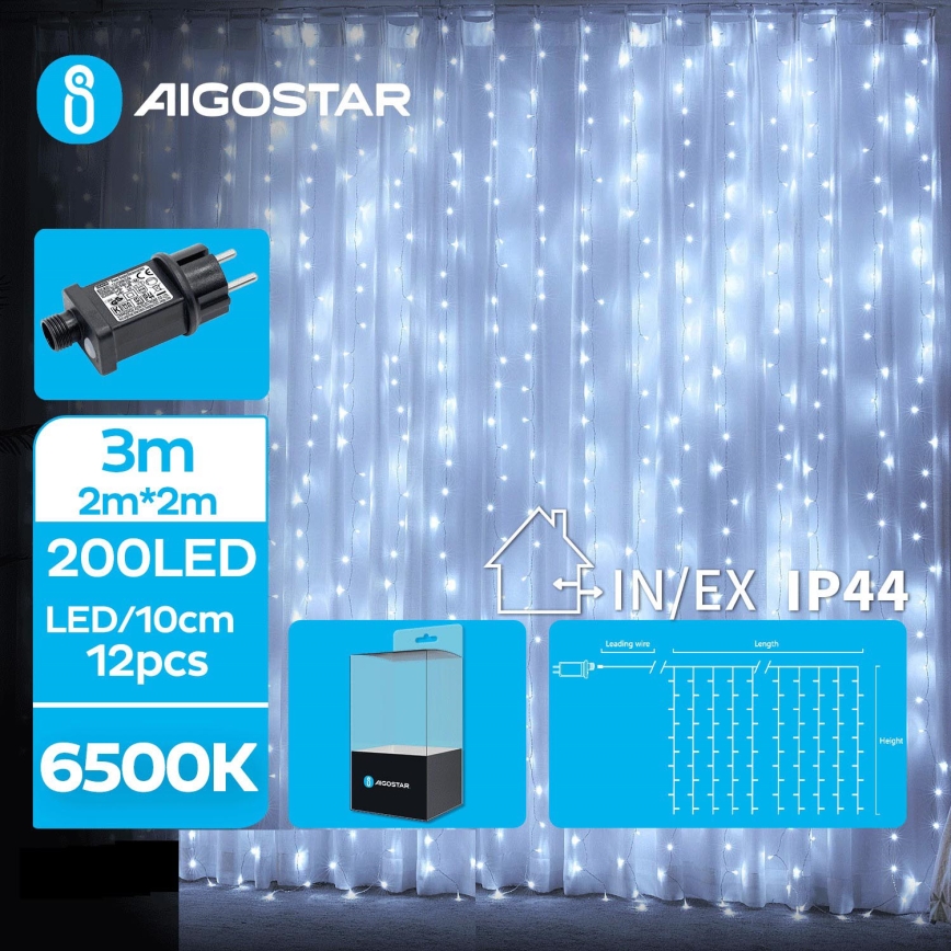 Aigostar - Guirlande de Noël LED extérieure 200xLED/8 fonctions 5x2m IP44 blanc froid