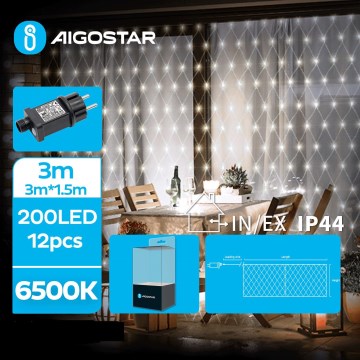 Aigostar - Guirlande de Noël LED extérieure 200xLED/8 fonctions 6x1,5m IP44 blanc froid