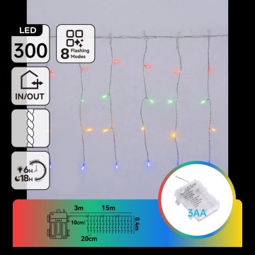 Aigostar - Guirlande de Noël LED extérieure 300 LED / 8 fonctions, 3xAA, 18 x 0,4 m, IP44, multicolore
