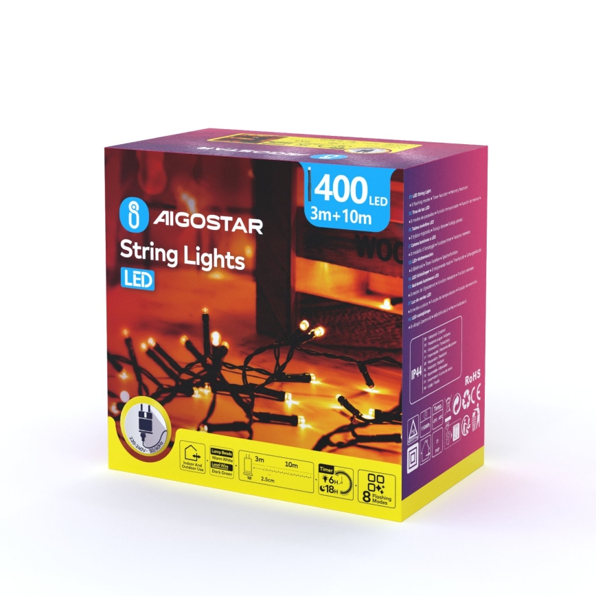 Aigostar - Guirlande de Noël LED extérieure 400 LED/8 fonctions 13 m IP44 blanc chaud