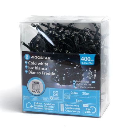 Aigostar - Guirlande lumineuse de Noël LED pour extérieur, 400 LED, 8 modes, alimentation 4x AA, 20,3 m, IP44, blanc froid