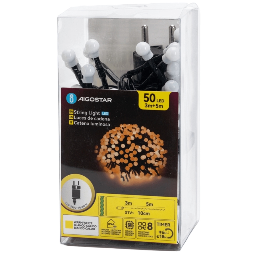 Aigostar - Guirlande de Noël LED extérieure 50 LED / 8 fonctions 8 m IP44 blanc chaud