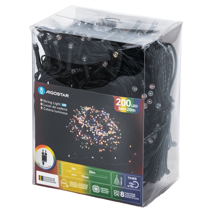 Aigostar - Guirlande LED de Noël extérieure, 200 LED / 8 fonctions, 20 m, IP44, multicolore