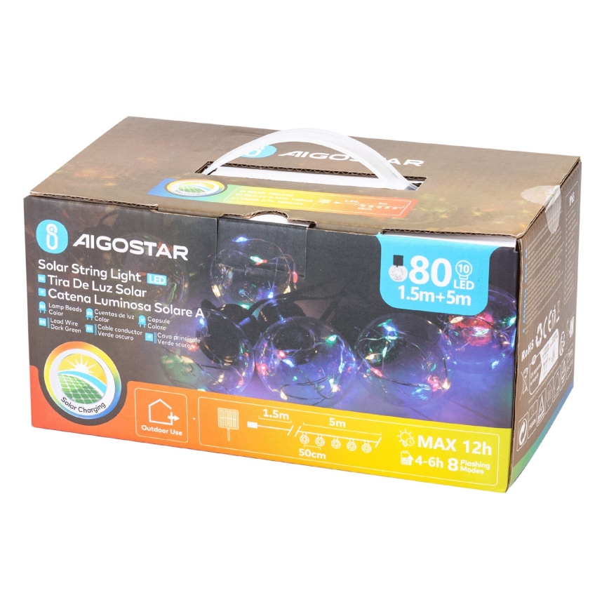 Aigostar - Guirlande de Noël solaire 10xLED/8 fonctions 6,5m IP65 multicolore