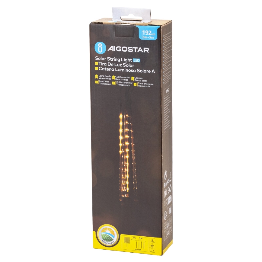 Aigostar - Guirlande de Noël solaire 192xLED/8m IP65 blanc chaud