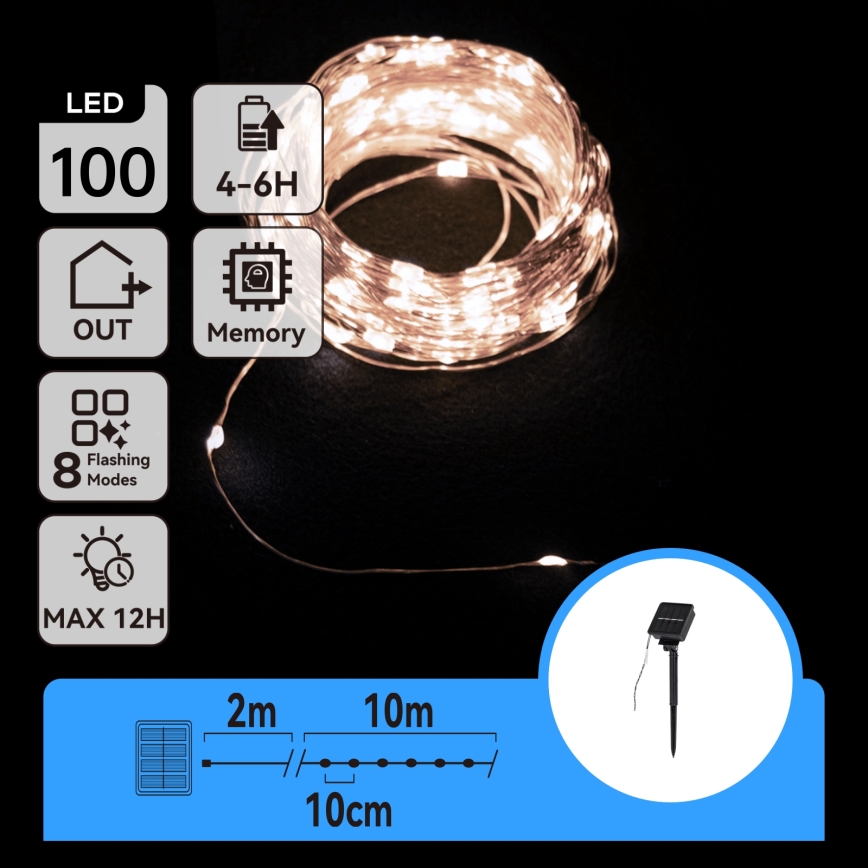 Aigostar - Guirlande solaire de Noël 100 LED / 8 fonctions, 12 m, IP65, 800 mAh, blanc froid