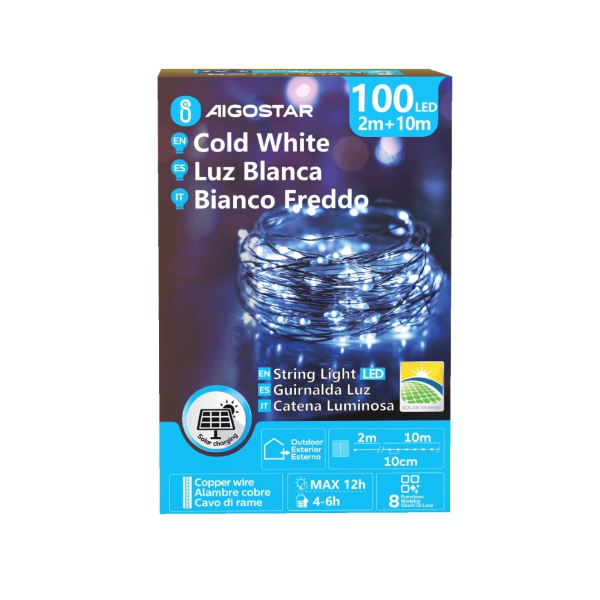 Aigostar - Guirlande solaire de Noël 100 LED / 8 fonctions, 12 m, IP65, 800 mAh, blanc froid