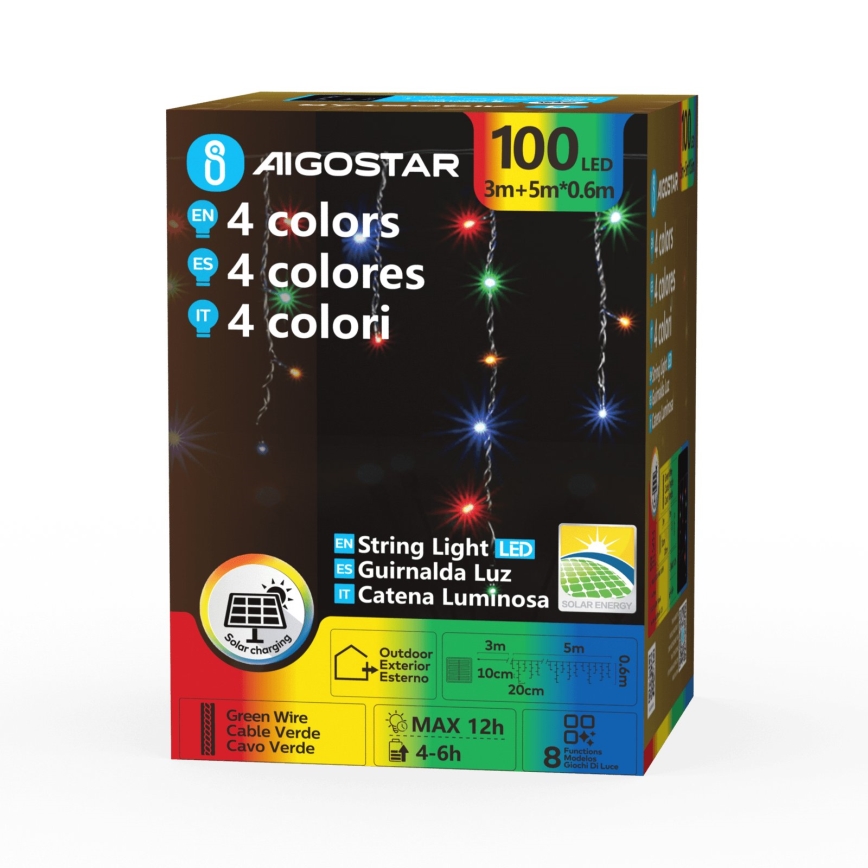 Aigostar - Guirlande solaire de Noël à LED 100xLED/8 fonctions 8x0,6m 800 mAh IP65 multicolore