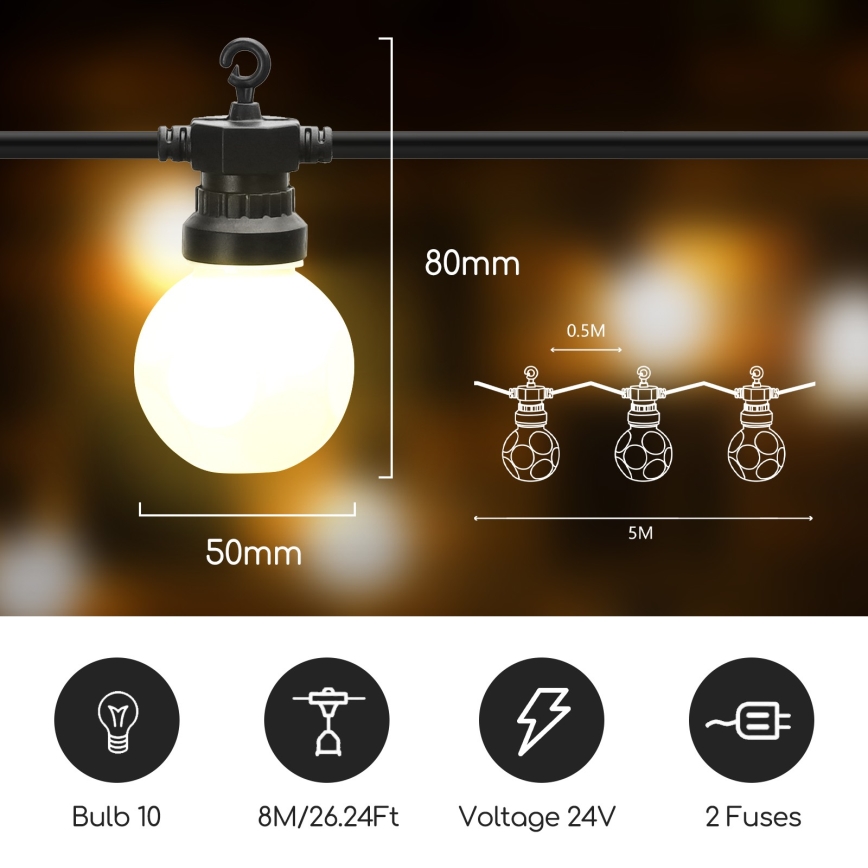 Aigostar - Guirlande décorative d'extérieur 10xLED/8m IP44 blanche chaude
