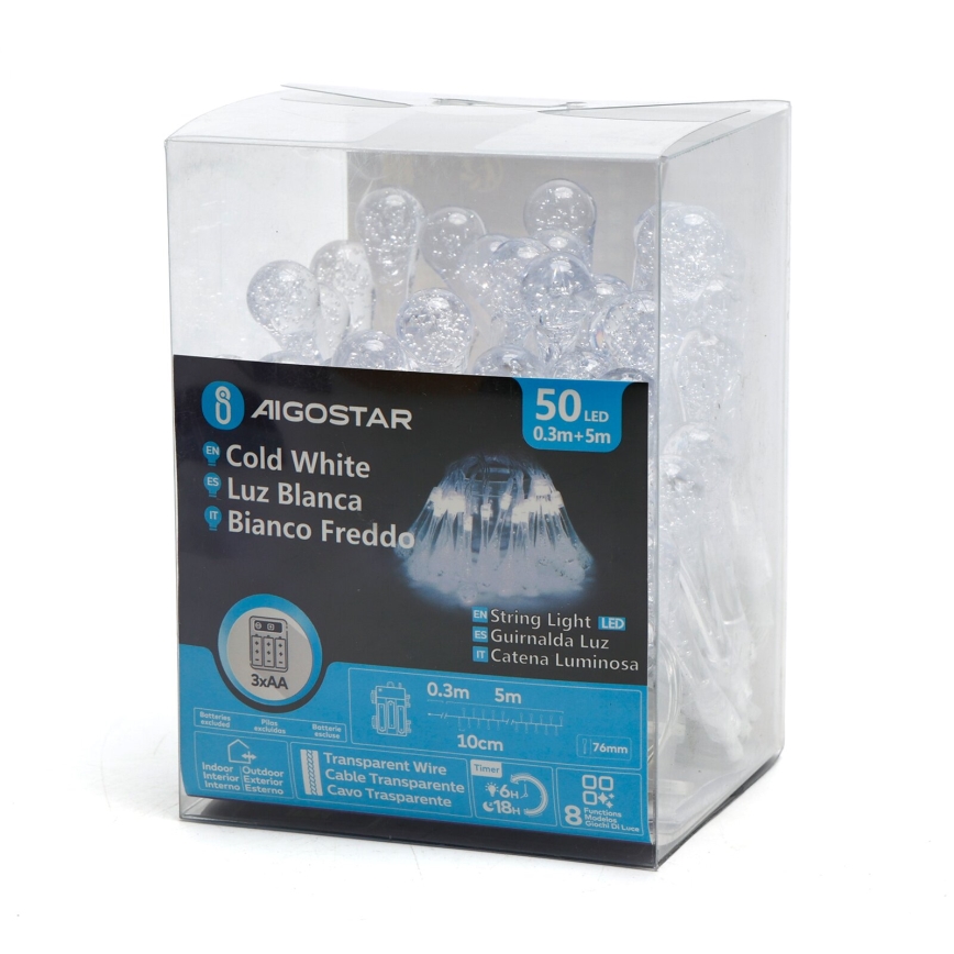 Aigostar - Guirlande décorative extérieure 50xLED/8 fonctions/3xAA 5,3m IP44 blanc froid