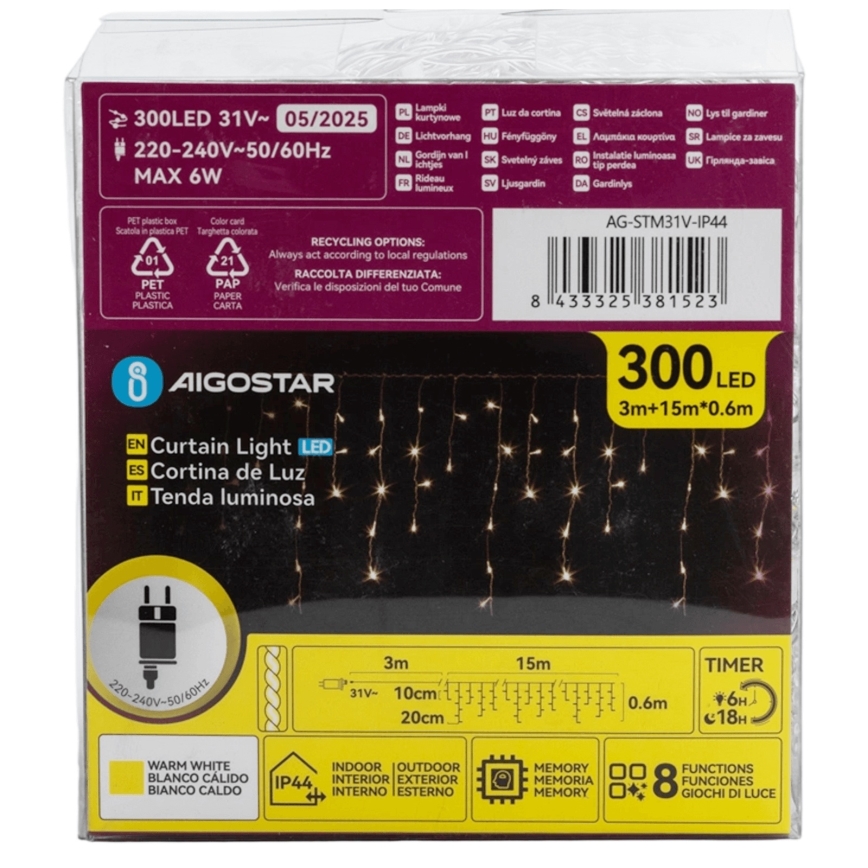 Aigostar - Guirlande décorative extérieure 75xLED/6W/230V 15x0,6m IP44 blanc chaud