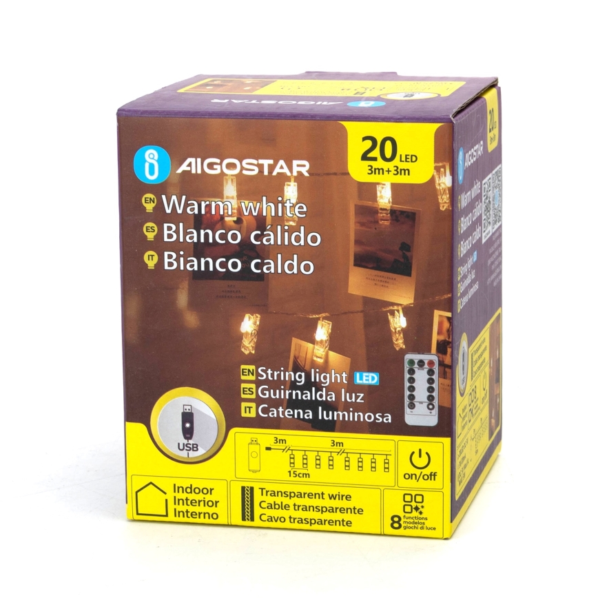Aigostar - Guirlande décorative LED 20 LEDs / 5 W / USB / 6 m / blanc chaud