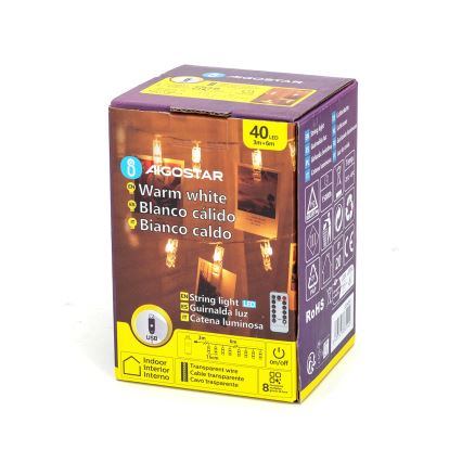 Aigostar - Guirlande décorative LED 40xLED/5W/USB 9 m blanc chaud