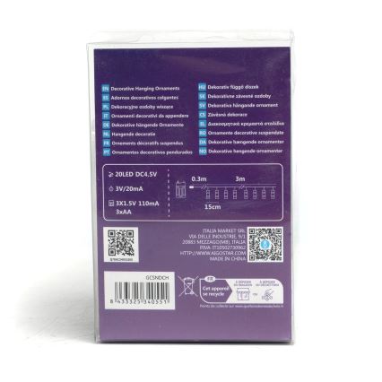 Aigostar - Guirlande décorative LED avec pinces, 20 LED, alimentation 3×AA, 3,3 m, blanc chaud