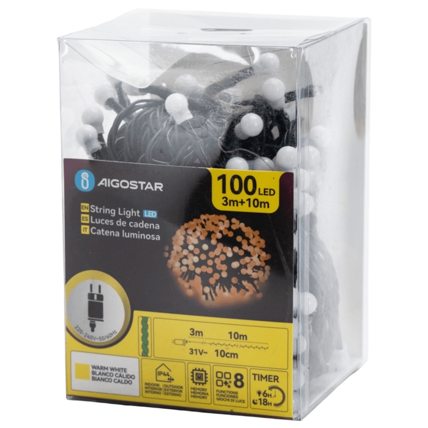 Aigostar - Guirlande lumineuse LED d'extérieur 100 LED / 8 fonctions, 10 m, IP44, blanc chaud