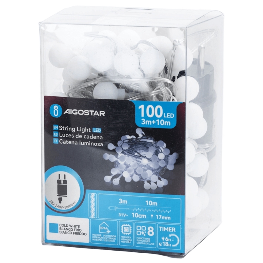 Aigostar - Guirlande décorative LED d'extérieur 100 LED / 8 fonctions 10 m IP44 blanc froid