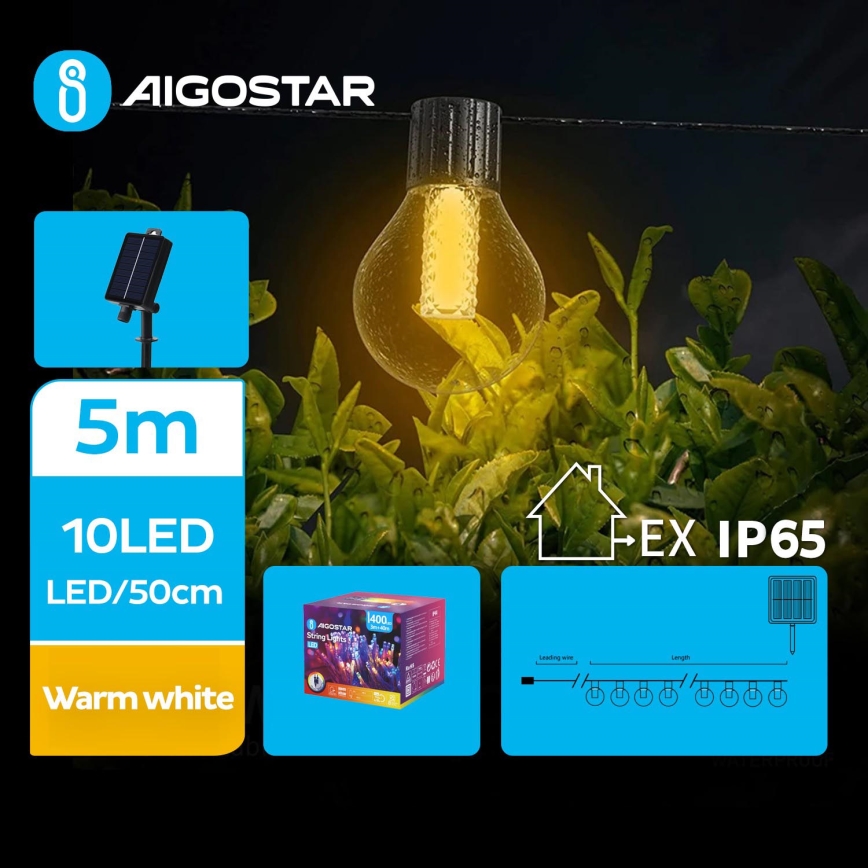 Aigostar - Guirlande décorative solaire 10xLED/8 fonctions 5,5m IP65 blanc chaud 500 mAh